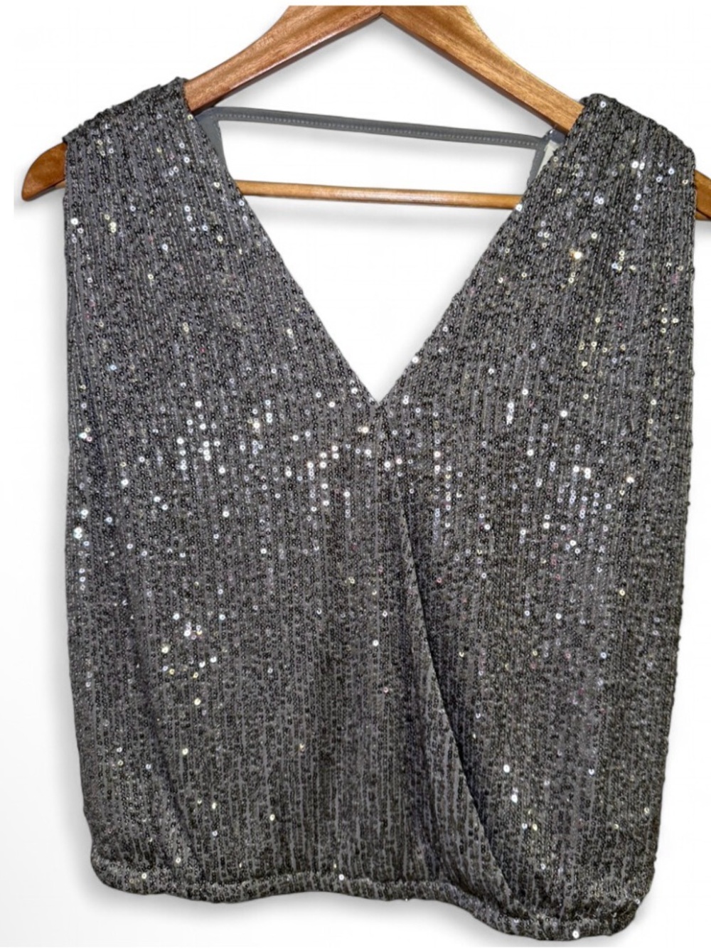 She + Sky Disco Silver Sequin Wrap Style Tank Top Open Back Party Blouse Glam L